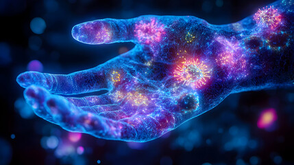 D Rendered Human Hand with Virus Particles