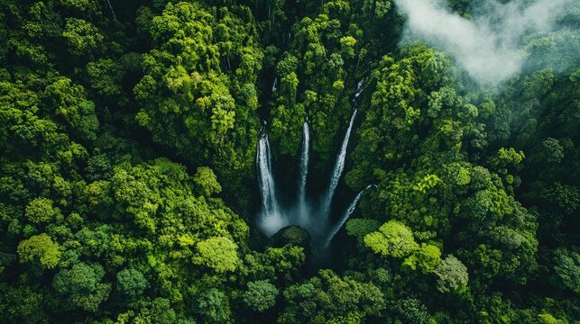 Aerial shot of the rainforest-covered valleys and waterfalls in the Bukit Barisan Selatan National Park, Sumatra.