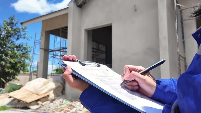 An architect is checking on house building quality checklist form to inspecting the progress with building house as blurred background. Construction industrial working scene, 4k footage close-up.
