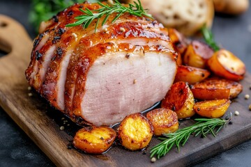 Delicious roasted pork loin with crispy potatoes and fresh rosemary on a wooden board. Perfect for a festive meal or gourmet dinner.