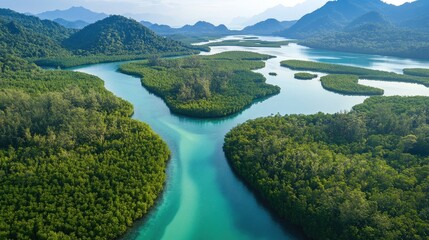 Aerial shot of the sprawling mangrove forests and turquoise waters around the Kilim Karst Geoforest Park in Langkawi.