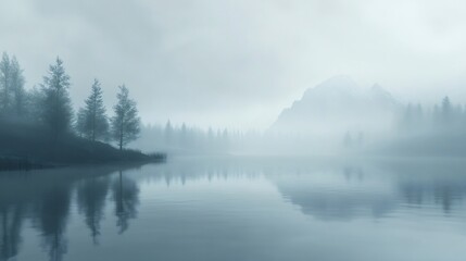Fototapeta premium Misty morning with a mountain reflected in a still lake.