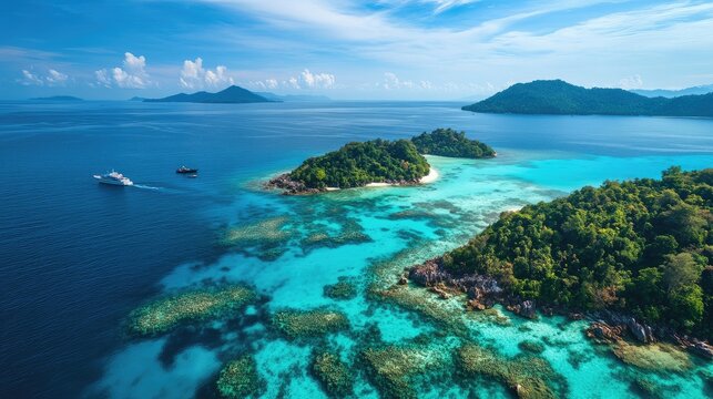 Aerial shot of the stunning coral reefs and marine life around Redang Island in the South China Sea.
