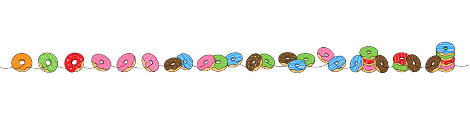 Set of donuts. Delicious donuts one line colored continuous drawing. Bakery sweet pastry food. Vector linear illustration.