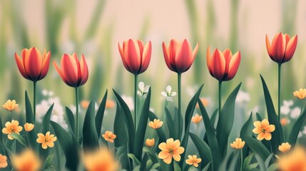 Red tulips in a vibrant spring garden