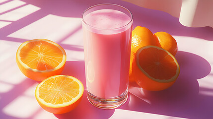 Fototapeta premium Orange Juice Smoothie with Fresh Oranges on Pink Background