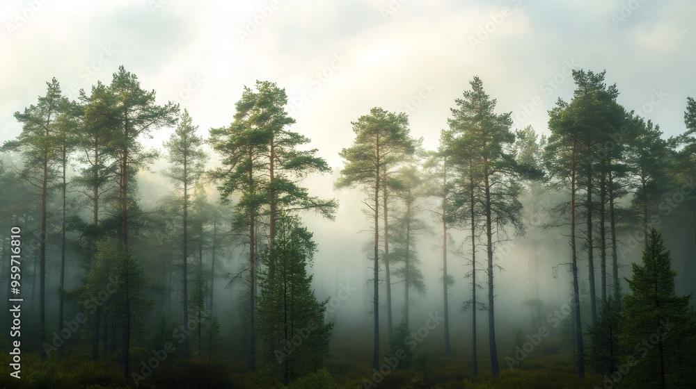 Poster tall trees stand tall in a misty forest with a hint of sunlight peeking through the canopy.