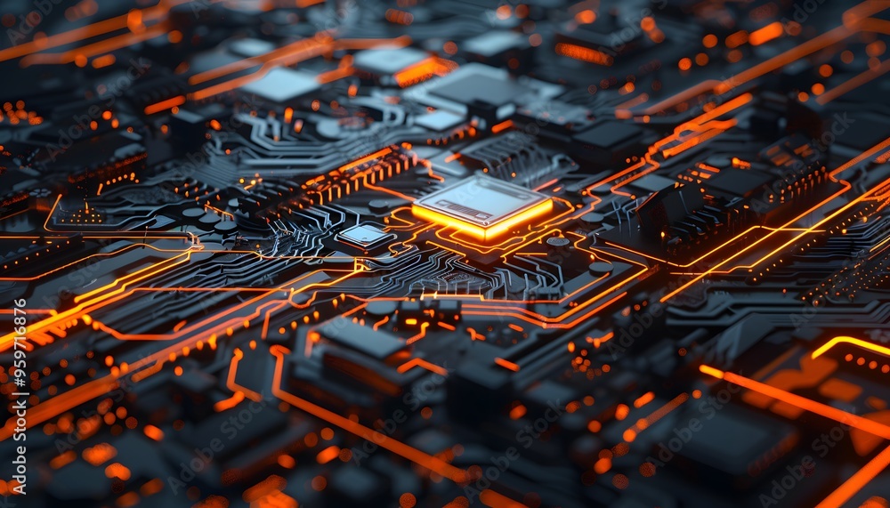 Poster close-up of a futuristic circuit board illuminated with glowing orange lines, showcasing intricate d