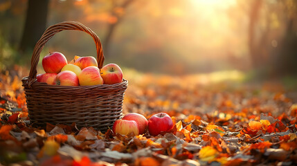 Autumn Apples in a Basket on Fallen Leaves
