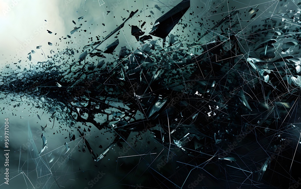 Poster dynamic abstract composition featuring shattered glass fragments against a dark background, creating