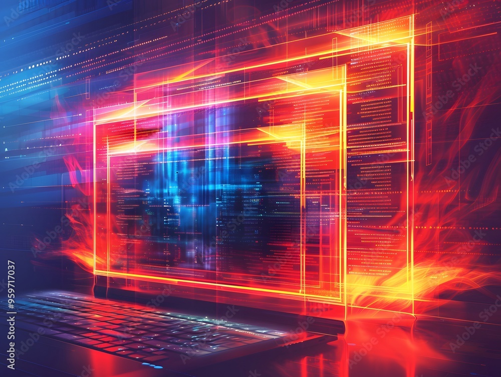 Poster dynamic digital interface showcasing futuristic technology and data visualization in vibrant colors.