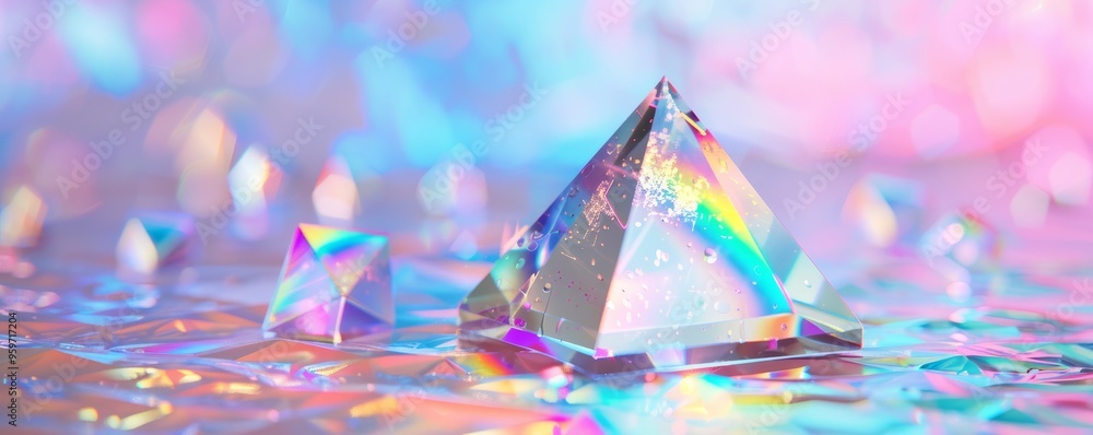 Sticker Holo geometric pyramid with rainbow reflections, 4K hyperrealistic photo