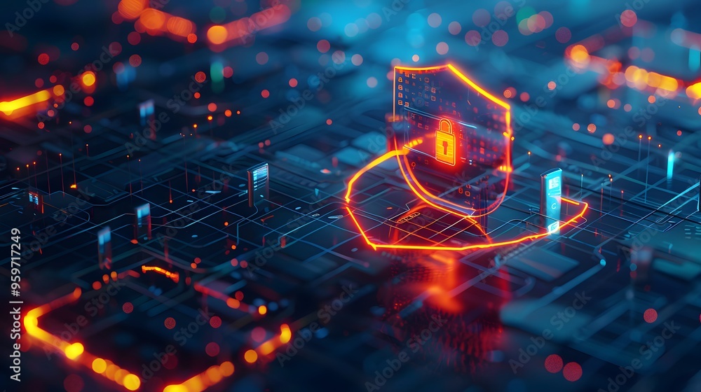 Poster futuristic digital security concept with glowing shield and circuit patterns, symbolizing data prote