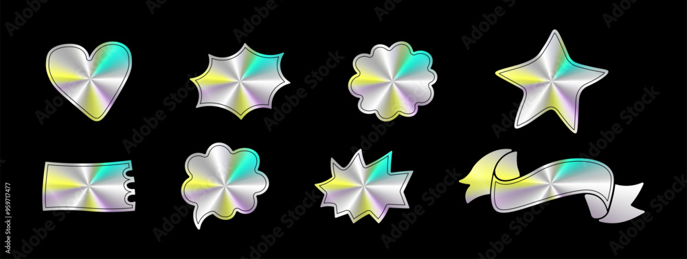 Poster set of stickers with metallic effect. holographic text boxes of different shapes. vector elements is