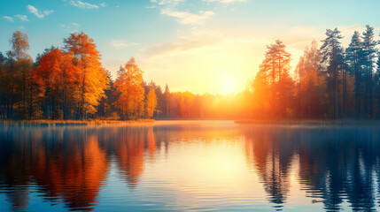 Autumn Forest Lake Sunset Reflection