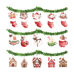 Watercolor Illustration Set of Christmas Garland