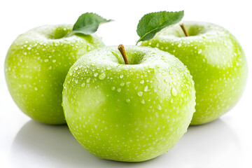 Three green apples on white background, vegetarian food