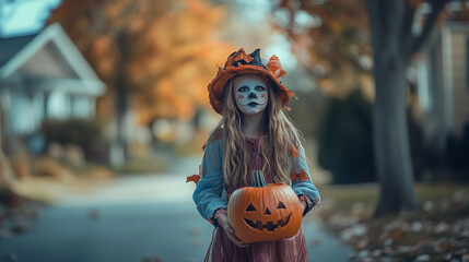 Excited girl in halloween costume holds carved pumpkin, surrounded by autumn leaves and colorful houses. Captures childhood magic and whimsy of holiday