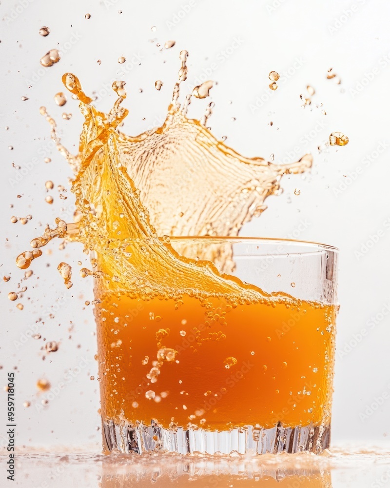 Wall mural A glass of orange juice with a splash of liquid, isolated on a white background.