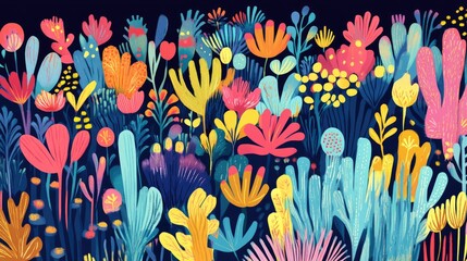 Fototapeta premium Colorful abstract floral pattern on a dark blue background.
