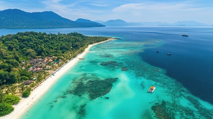 Bird's eye view of Koh Lipeas beaches, with white sands, coral reefs, and turquoise waters of the Andaman Sea.