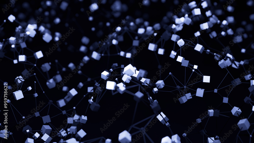 Poster abstract connected lines and cubes in wavy motion. design. up and down levitating 3d particles.