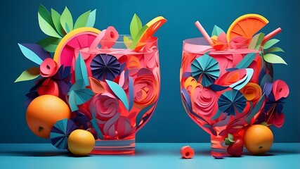 Gorgeous paper craft artwork of a mocktail and cocktail with fresh fruit in neon colors. Generative AI