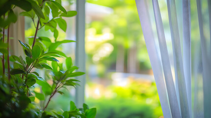 Obraz premium Soft focus green garden blurred background viewed through a sheer white window curtain with ample copy space, perfect for adding text or logos.