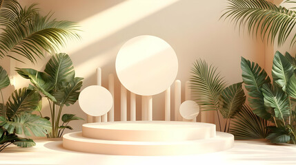 Fototapeta premium Minimalist Beige Product Display Platform with Tropical Plants and Sunlight