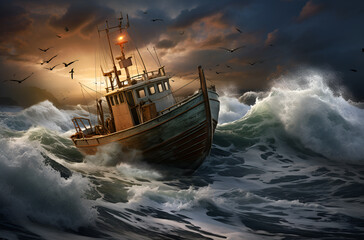 Obraz premium Fishing boat in the sea storm, AI Generated