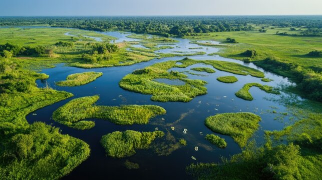 Bird's eye view of Prek Toal Bird Sanctuary, with its vast wetlands and numerous water channels.