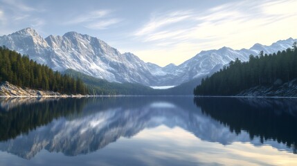 Tranquil reflection of a snow-capped mountain range in a still lake with a forest lining the shores.