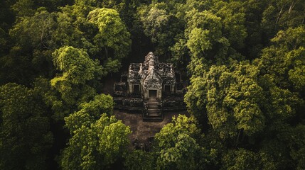 Fototapeta premium Bird's eye view of Sambor Prei Kuk's temple ruins, hidden within a dense forest canopy.