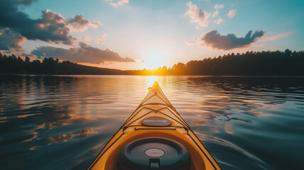 Kayaking on a serene lake at sunset with a beautiful forest in the background - Powered by Adobe