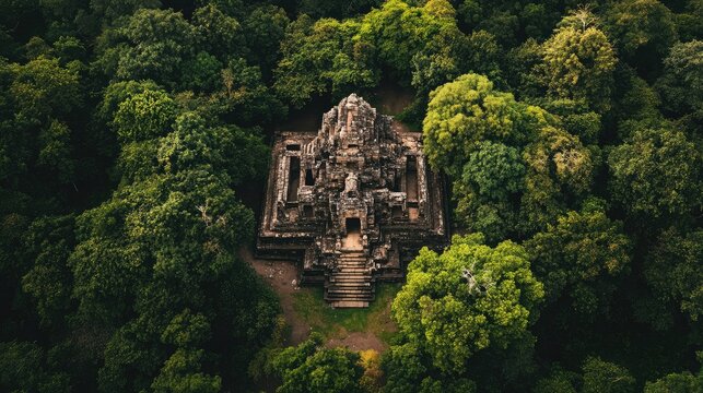Bird's eye view of Sambor Prei Kuk's temple ruins, hidden within a dense forest canopy.