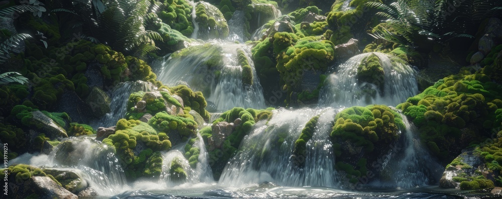 Poster A tranquil waterfall cascading down moss-covered rocks, 4K hyperrealistic photo