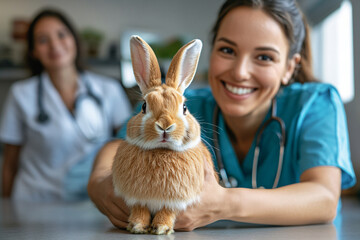 Veterinary specialist with adorable bunny showcases exotic pet expertise for promoting specialized veterinary services and encouraging responsible pet ownership