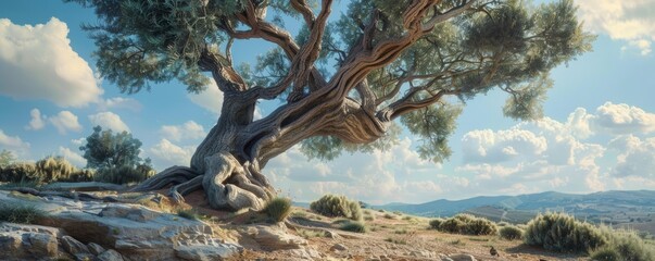 Fototapeta premium Gnarled olive tree in Mediterranean countryside, 4K hyperrealistic photo