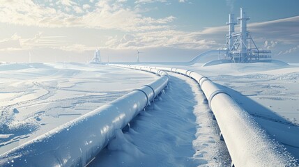 Obraz premium A closeup of snowladen industrial pipelines curving into the distance with a steel tower in the background on a bright winter day