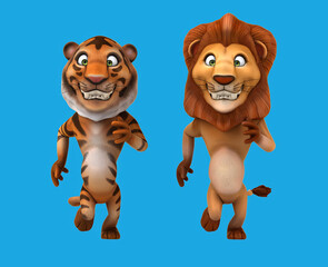 Fun 3D cartoon lion and tiger running