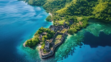 Bird's eye view of the Banda Islands, with their historic forts, clear blue waters, and lush vegetation.