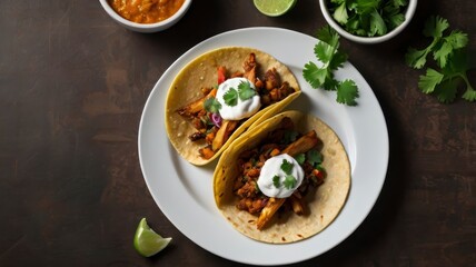 Top view Tacos al pastor with cilantro, white plate 