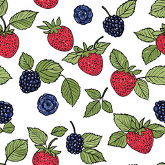 Strawberry Blueberry Blackberry Leaf Print White Background, tile