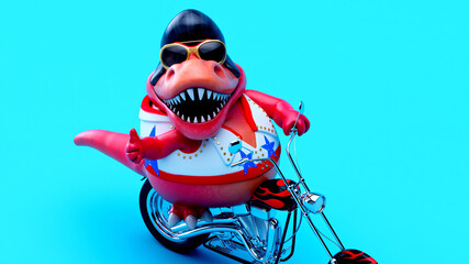 Fun 3D cartoon illustration of a Trex on a motorbike © Julien Tromeur