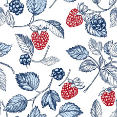 Strawberry Blueberry Blackberry Leaf Print White Background, tile