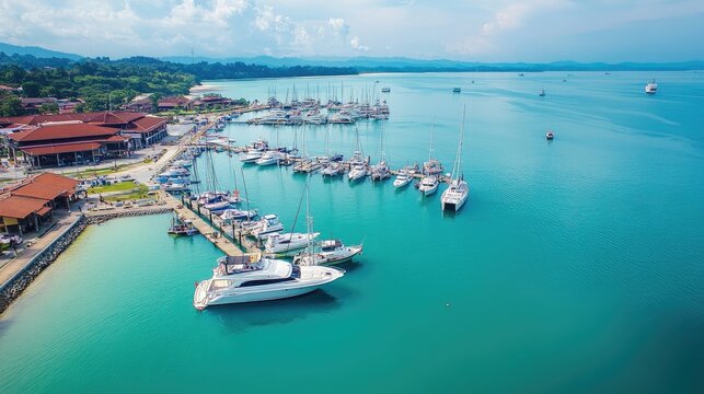 Bird's eye view of the bustling marina at the Port Dickson Yacht Club, with boats docked in clear blue waters. - Powered by Adobe