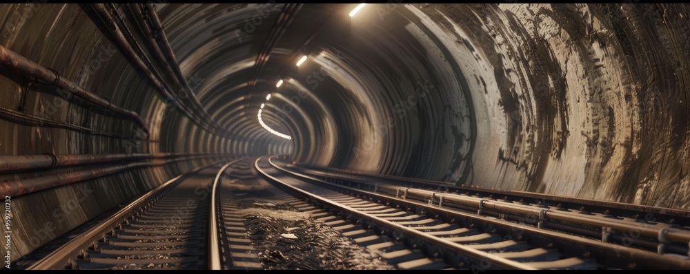 Wall mural Modern railway tunnel disappearing into the distance, 4K hyperrealistic photo