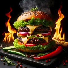 a spicy battered fried chicken hamburger with fire and flying chilli, isolated on a dark background