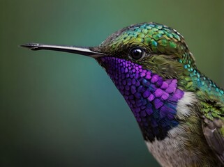 Naklejka premium Close-up view of a hummingbird with unique feathers color and a long beak