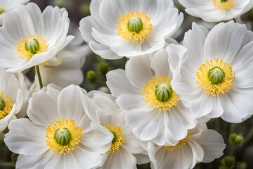 White anemone flowers with delicate petals and yellow centers, AI Generated